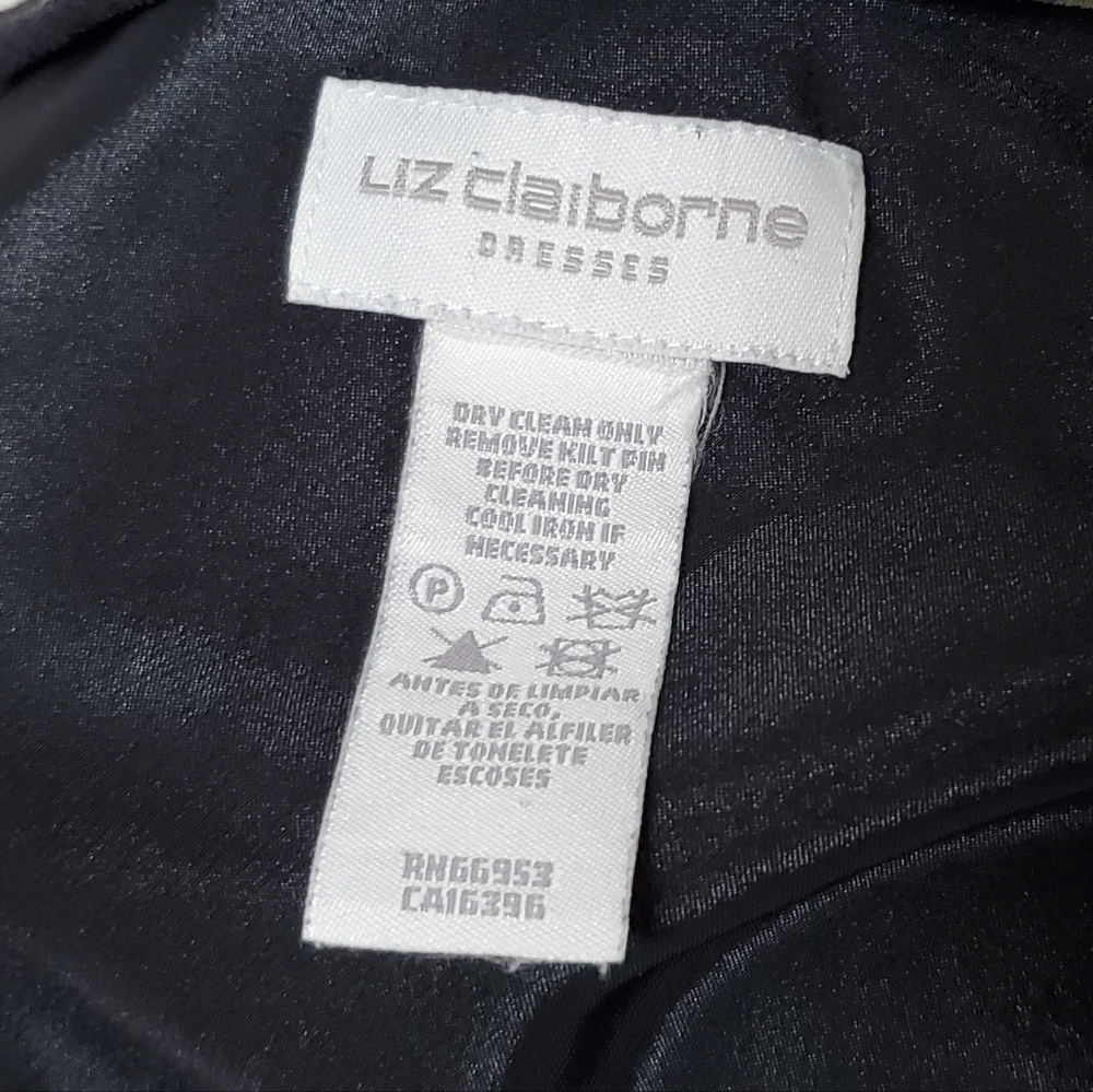 VINTAGE Liz Claiborne Purple Floral Silk Chiffon Black Satin Ruffle Midi Dress M - Picture 16 of 16